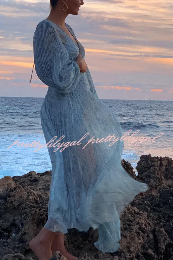 Dreamy Seaside Floral Balloon Sleeve Pleated Lightweight Maxi Dress