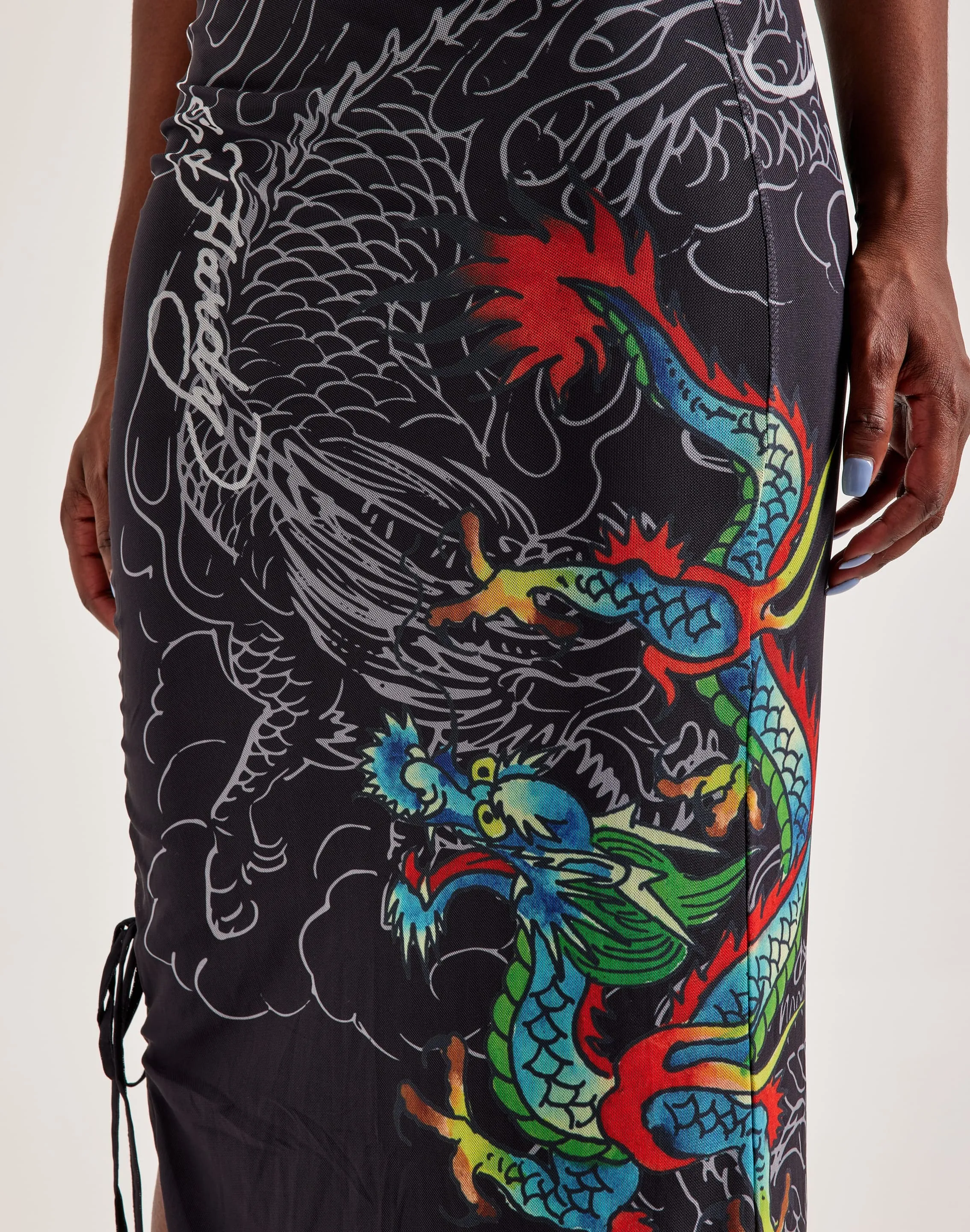 Ed Hardy Dragon Print Mesh Maxi Skirt