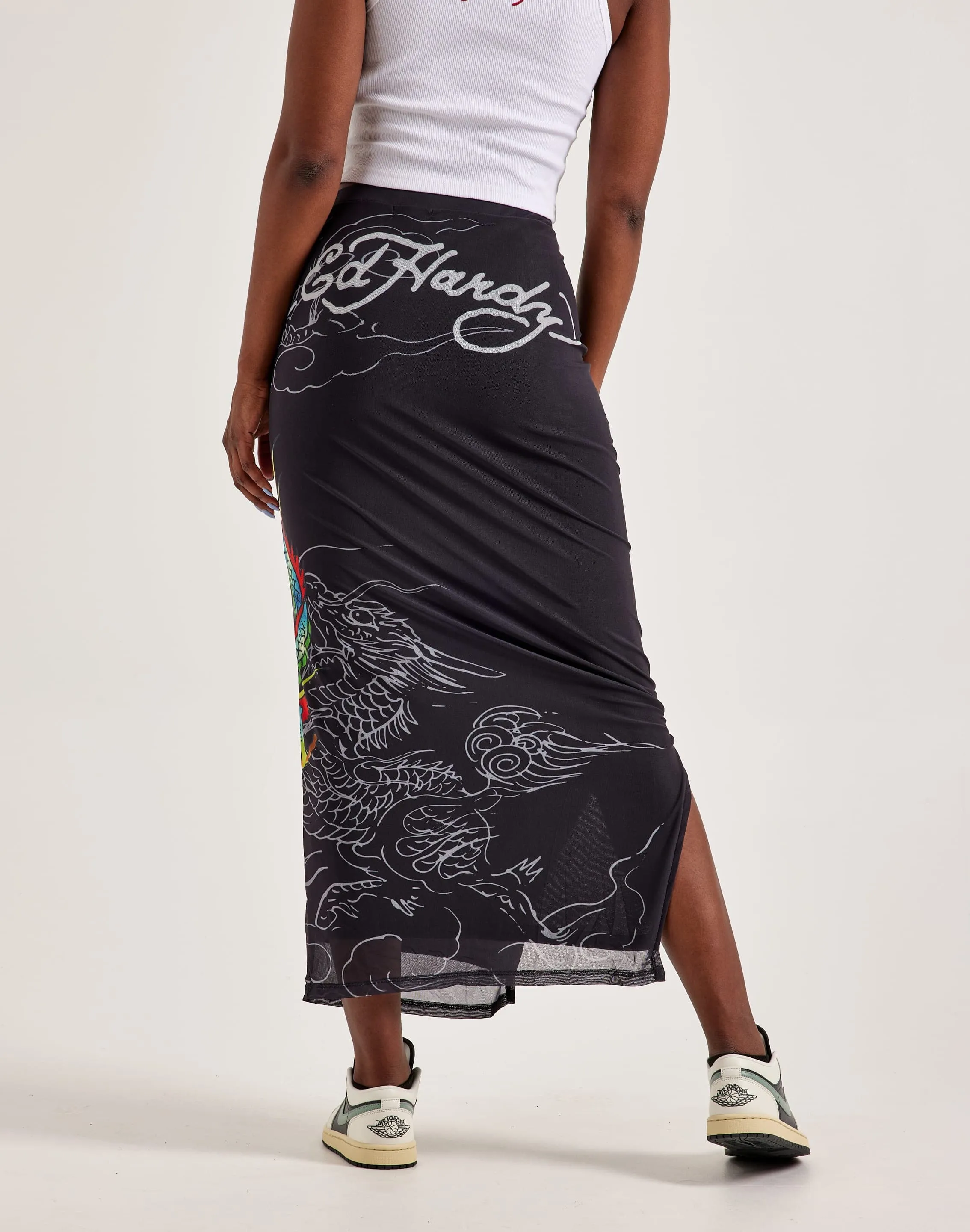 Ed Hardy Dragon Print Mesh Maxi Skirt