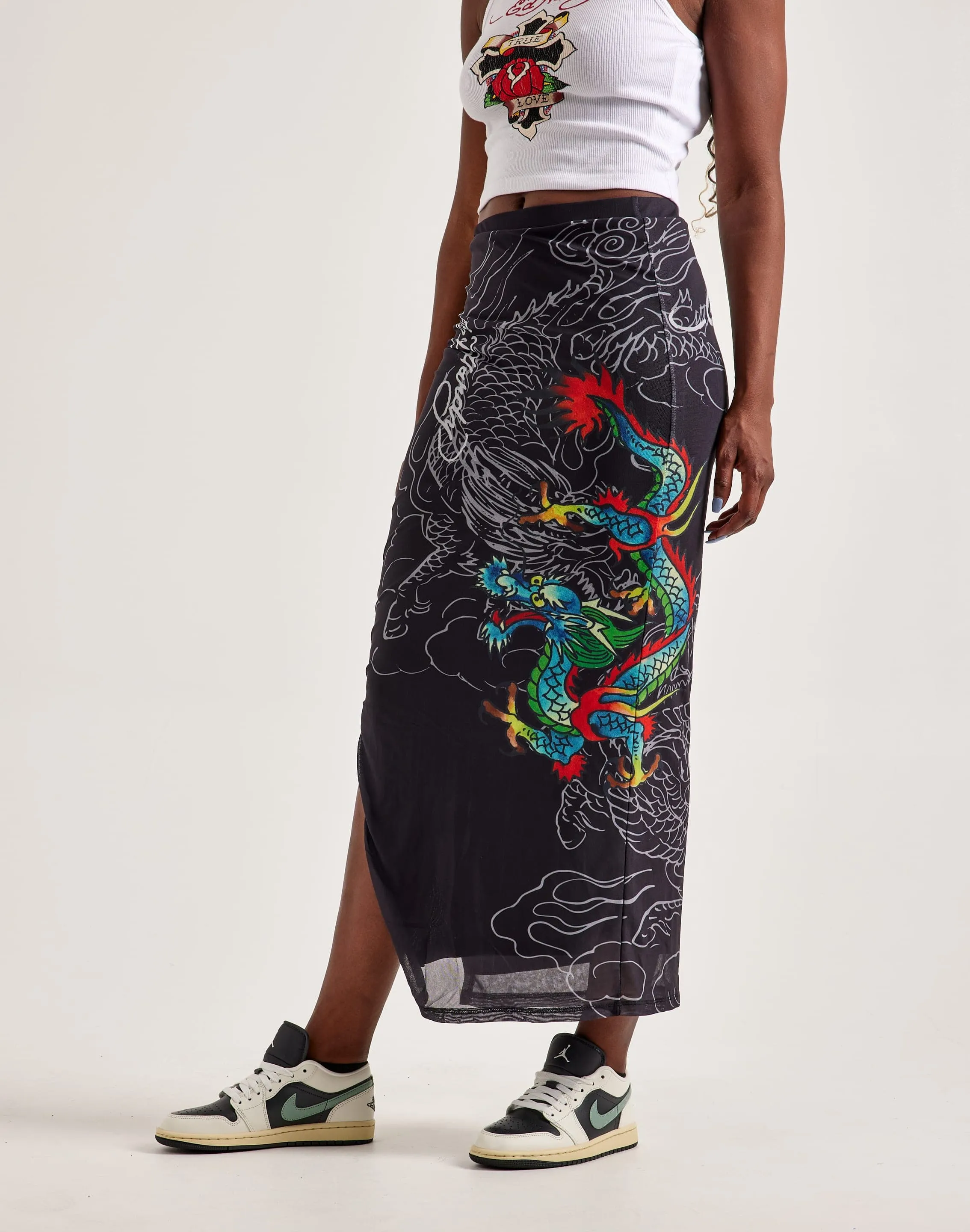 Ed Hardy Dragon Print Mesh Maxi Skirt