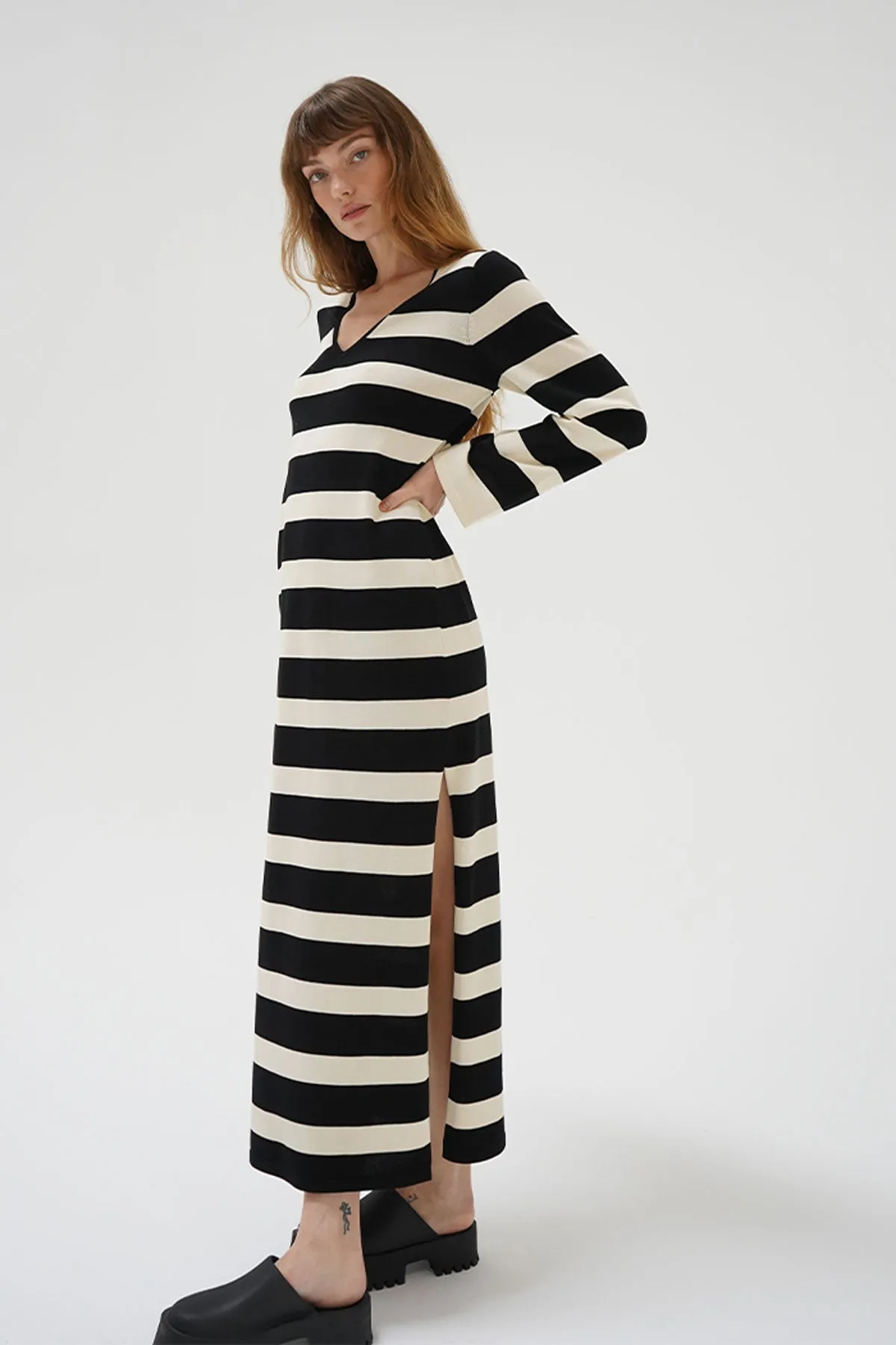 Elin Dress - Ivory and Black Stripe