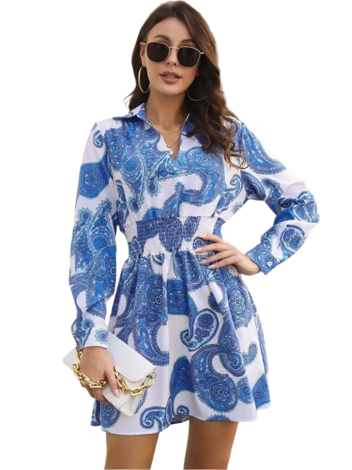 Fashion Women Dress,Paisley Print Johnny Collar Smocked Dress, women dresses spring