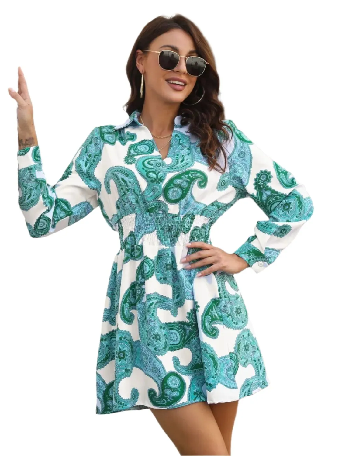 Fashion Women Dress,Paisley Print Johnny Collar Smocked Dress, women dresses spring