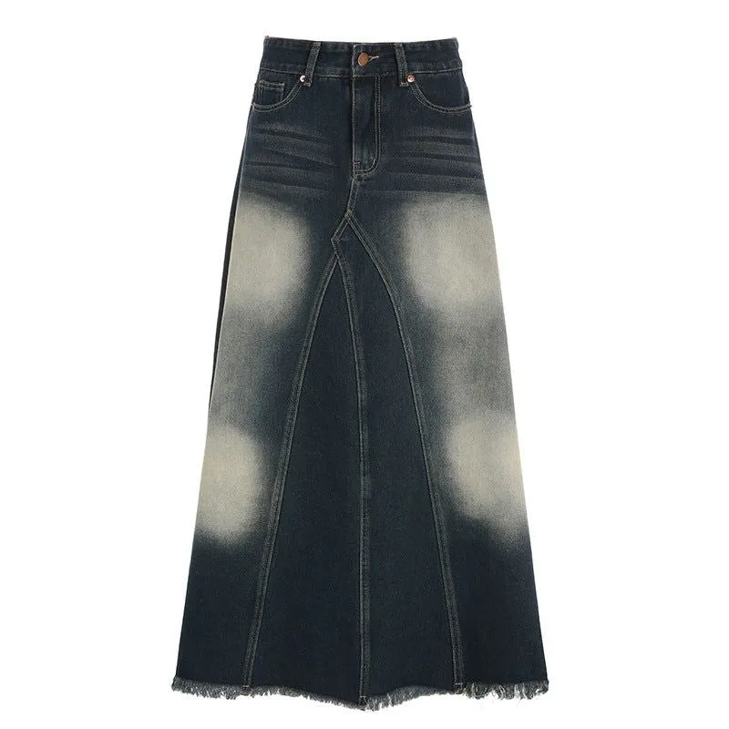 Fashionable High Waist Vertical Stripe Design Denim Skirt Retro Distressed Frayed Fishtail Skirt