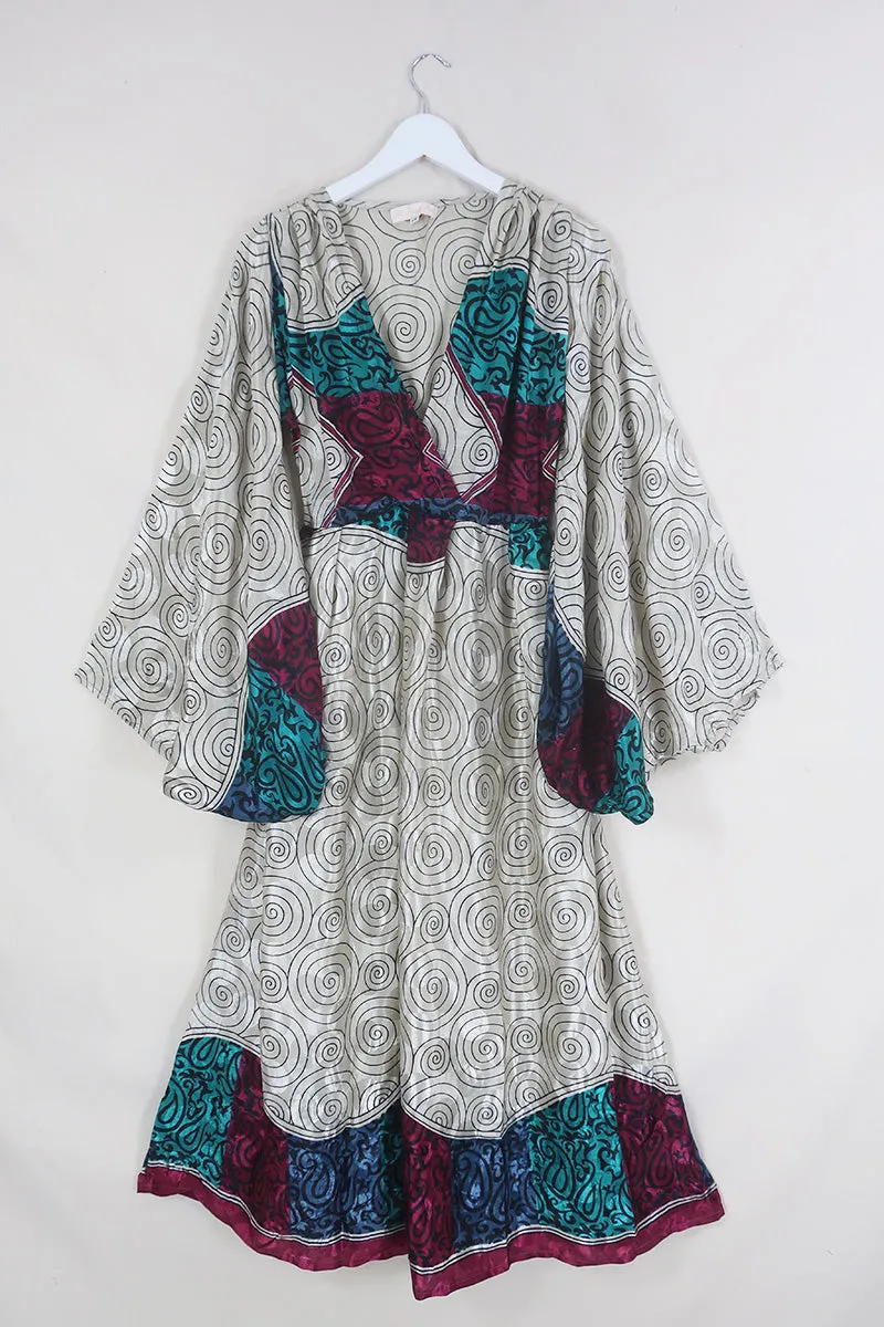 Fleur Bell Sleeve Maxi Dress - White Gold Waves & Teal Paisley - Vintage Sari - S - M/L