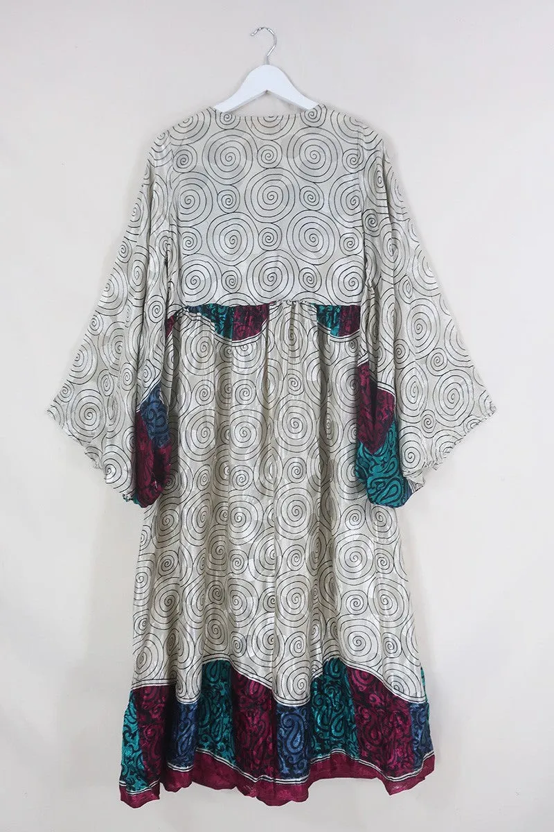 Fleur Bell Sleeve Maxi Dress - White Gold Waves & Teal Paisley - Vintage Sari - S - M/L