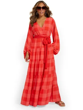 Gingham-Print Belted Maxi Dress