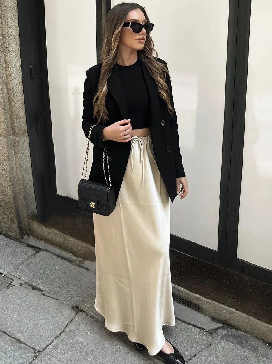 Girlary Lace-Up High Waist Fashion Long Skirt Women Drawstring Loose Casual Solid Patchwork Fashion Streetwear Female Maxi Skirt