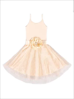 Girls Beige Circular Skirt Dress with Flower Belt