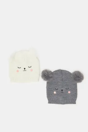 Girls Grey And Cream Beanies Set (Pack of 2)