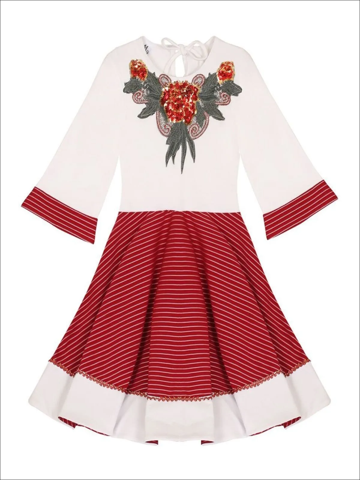 Girls Red And Creme Circular Skirt 3/4 Sleeve Dress