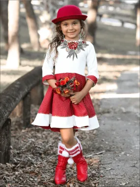 Girls Red And Creme Circular Skirt 3/4 Sleeve Dress