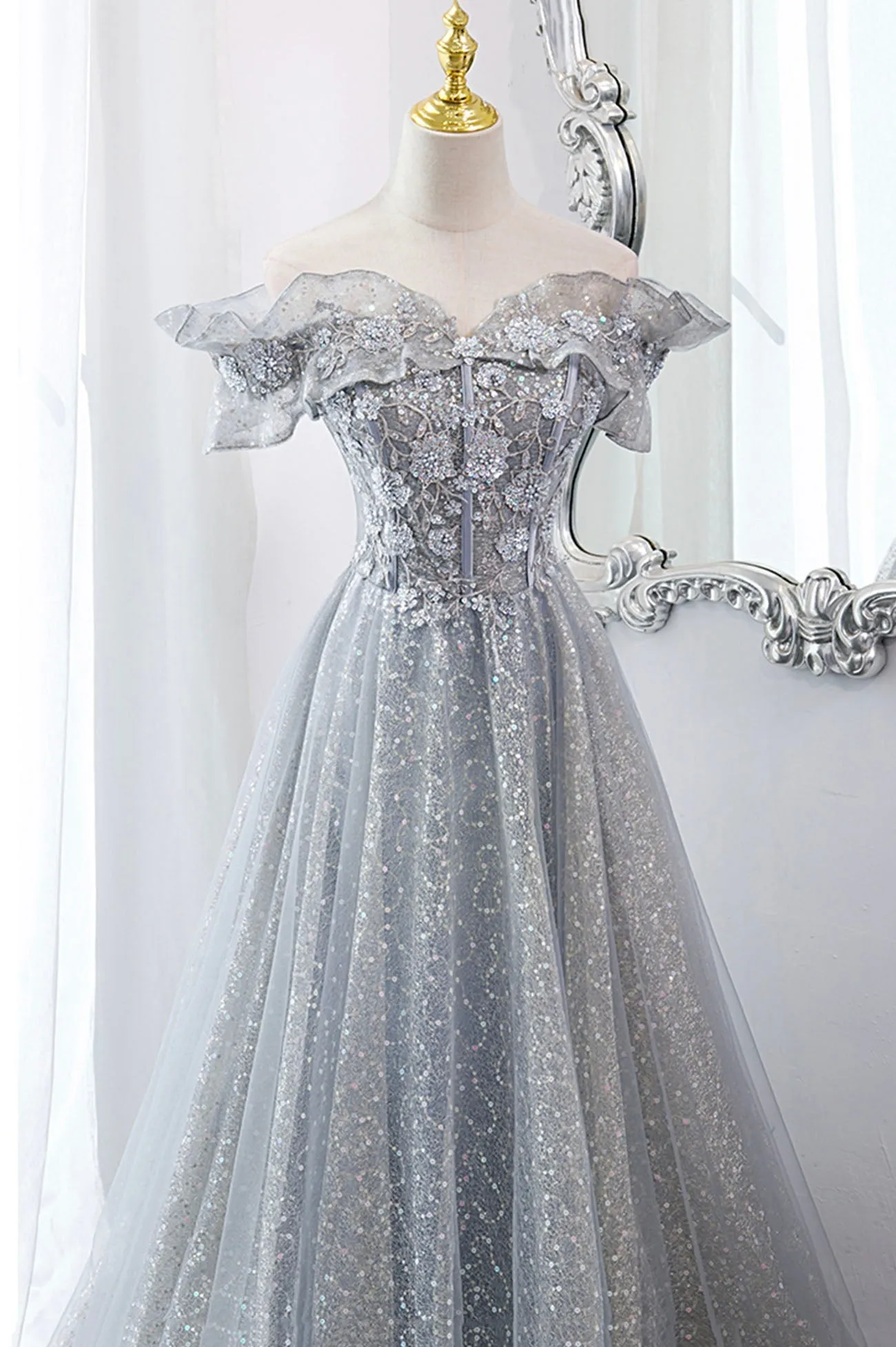 Gray Tulle Sequins Long A-Line Prom Dress, Off the Shoulder Graduation Dress