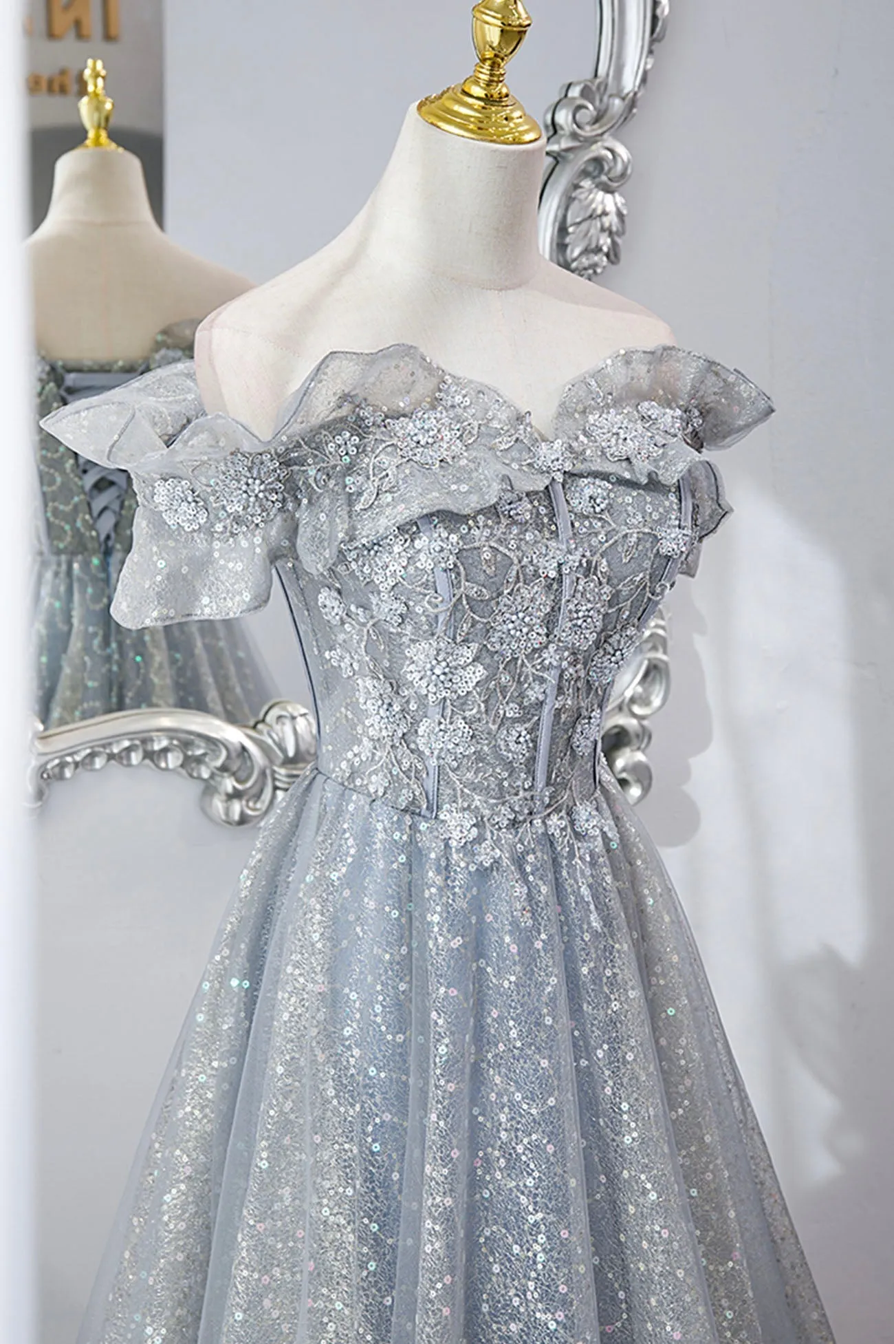 Gray Tulle Sequins Long A-Line Prom Dress, Off the Shoulder Graduation Dress