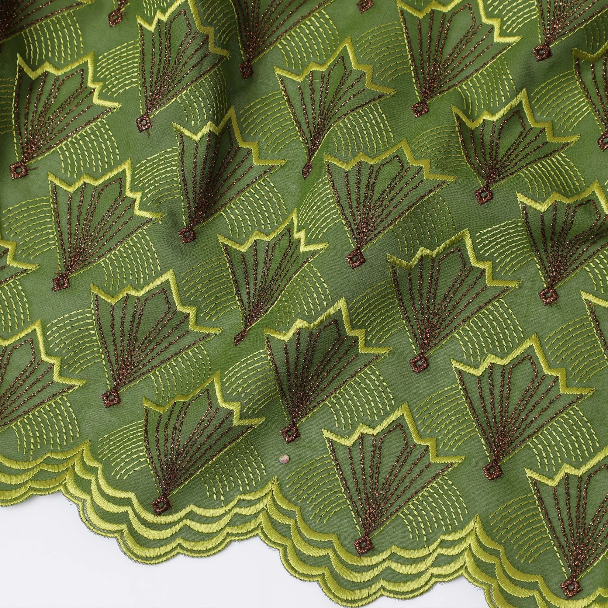 Green Premium Swiss Cotton Voile Fabric with Brown Fan Embroidery - Traditional Thobe Material, 140 cm Wide-D20206