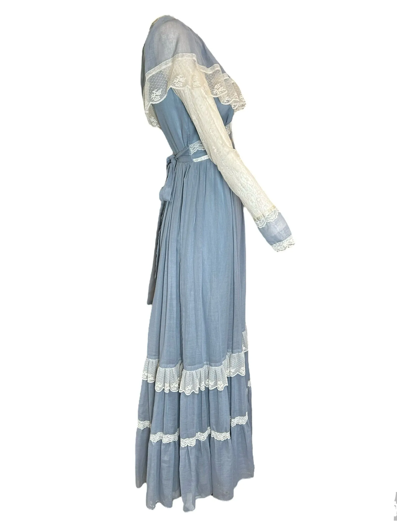 Gunne Sax 1970s Baby Blue Lace Maxi Dress