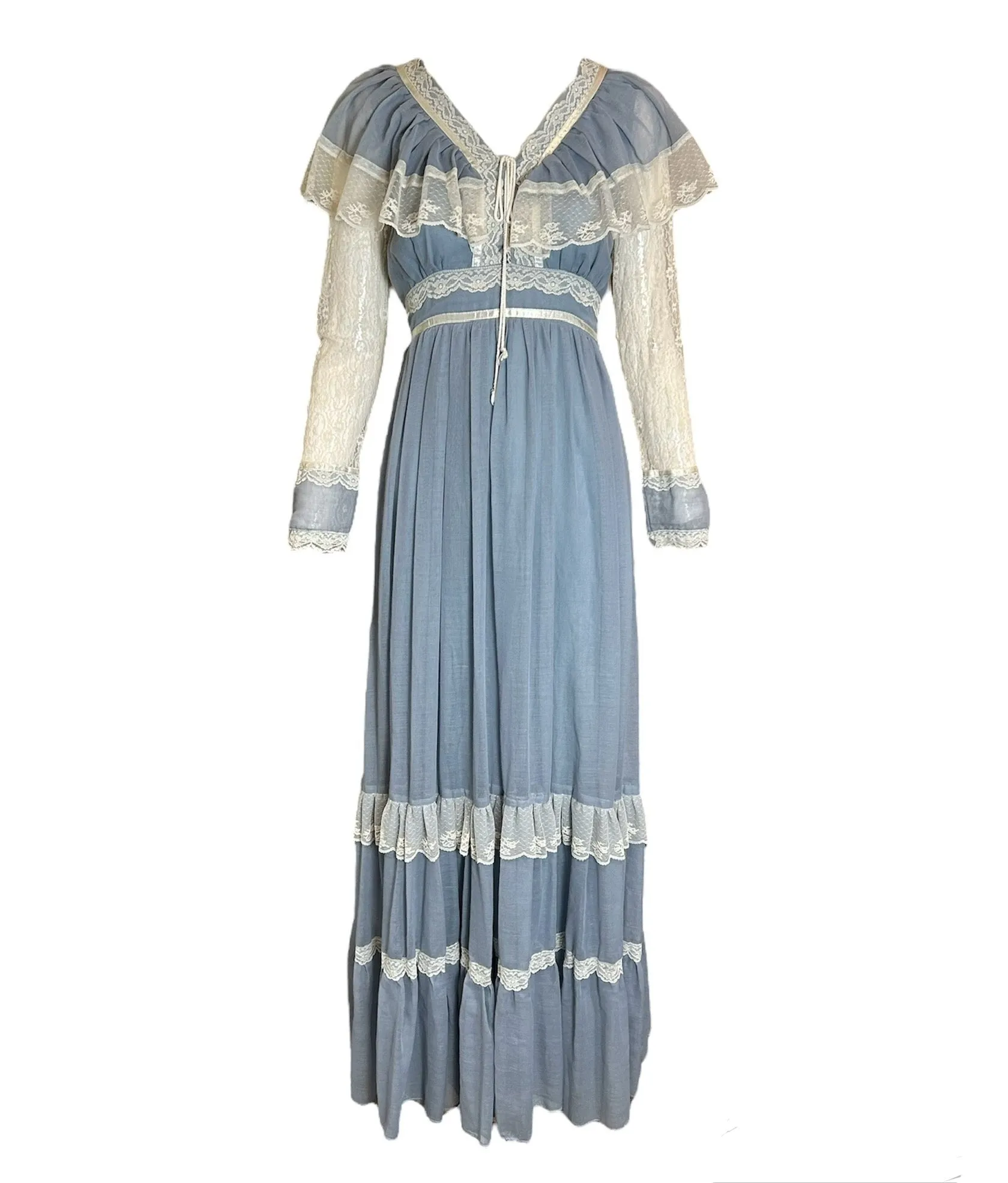 Gunne Sax 1970s Baby Blue Lace Maxi Dress