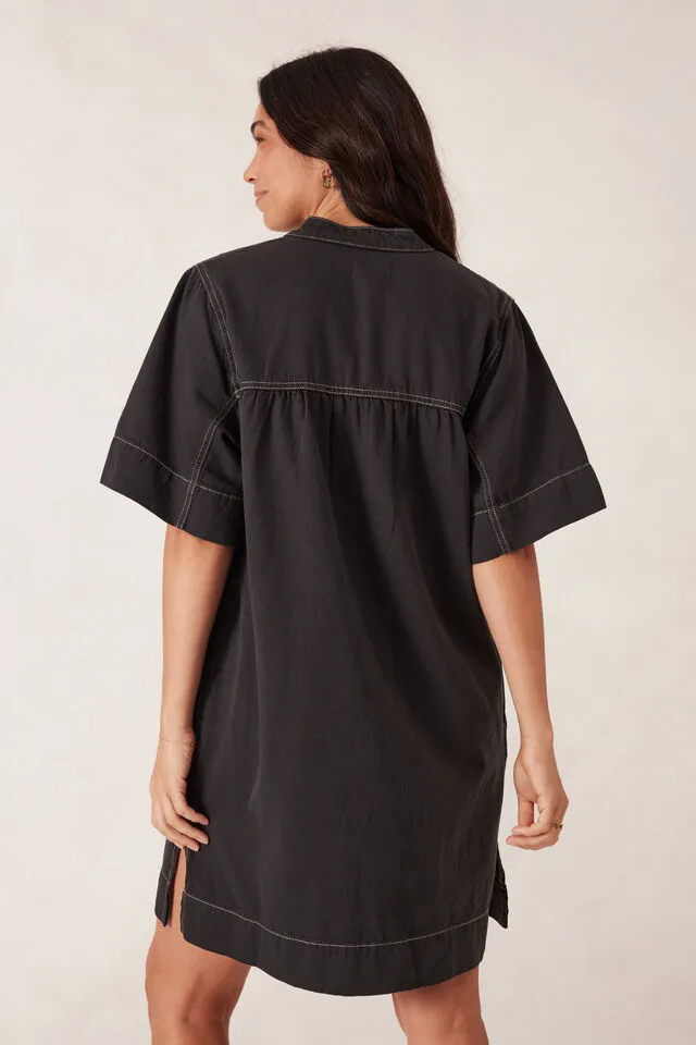 Half Placket Tunic Dress - Washed Black