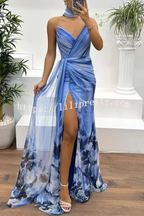 In A Dreamland Chiffon Floral Print Off Shoulder Pleated Scarf Slit Maxi Dress