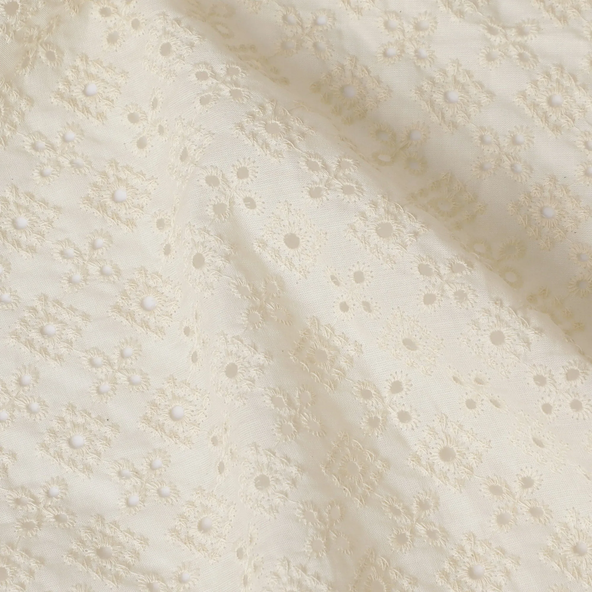 Ivory Cotton Voile Fabric with Embroidered Daisy Pattern, 110 cm Width-D20118