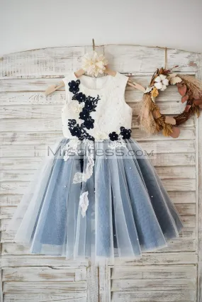 Ivory Lace Silver Gray Tulle Wedding Flower Girl Dress, Black Appliques