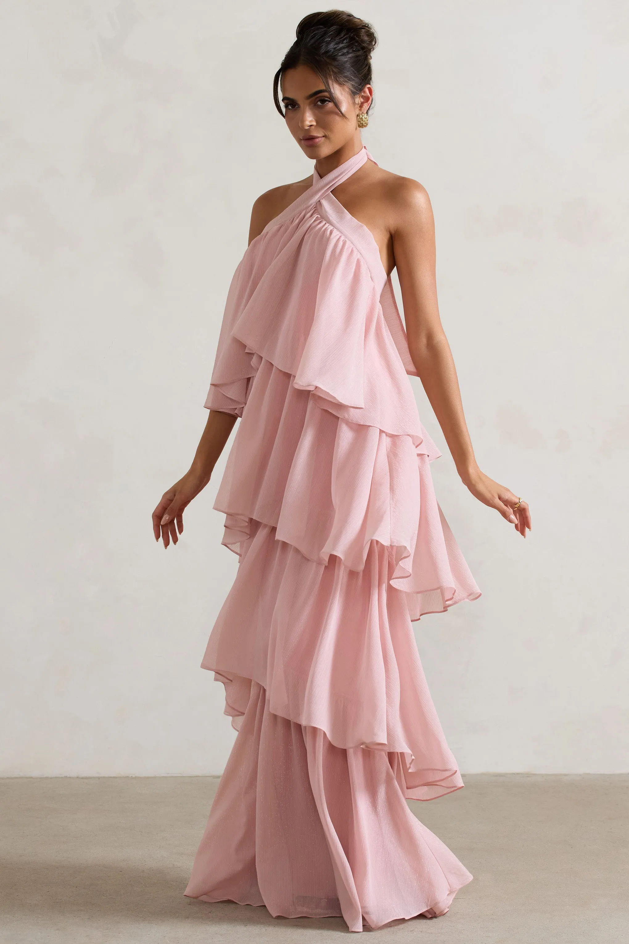 Kassiah | Light Pink Halter-Neck Ruffle Maxi Dress