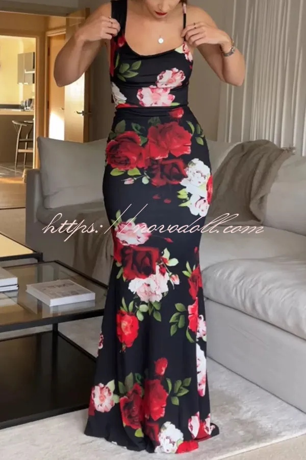 Keep Blooming Floral Print Asymmetric Cowl Neckline Stretch Maxi Dress