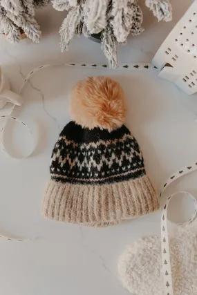 Khaki Nordic Print Pom Beanie