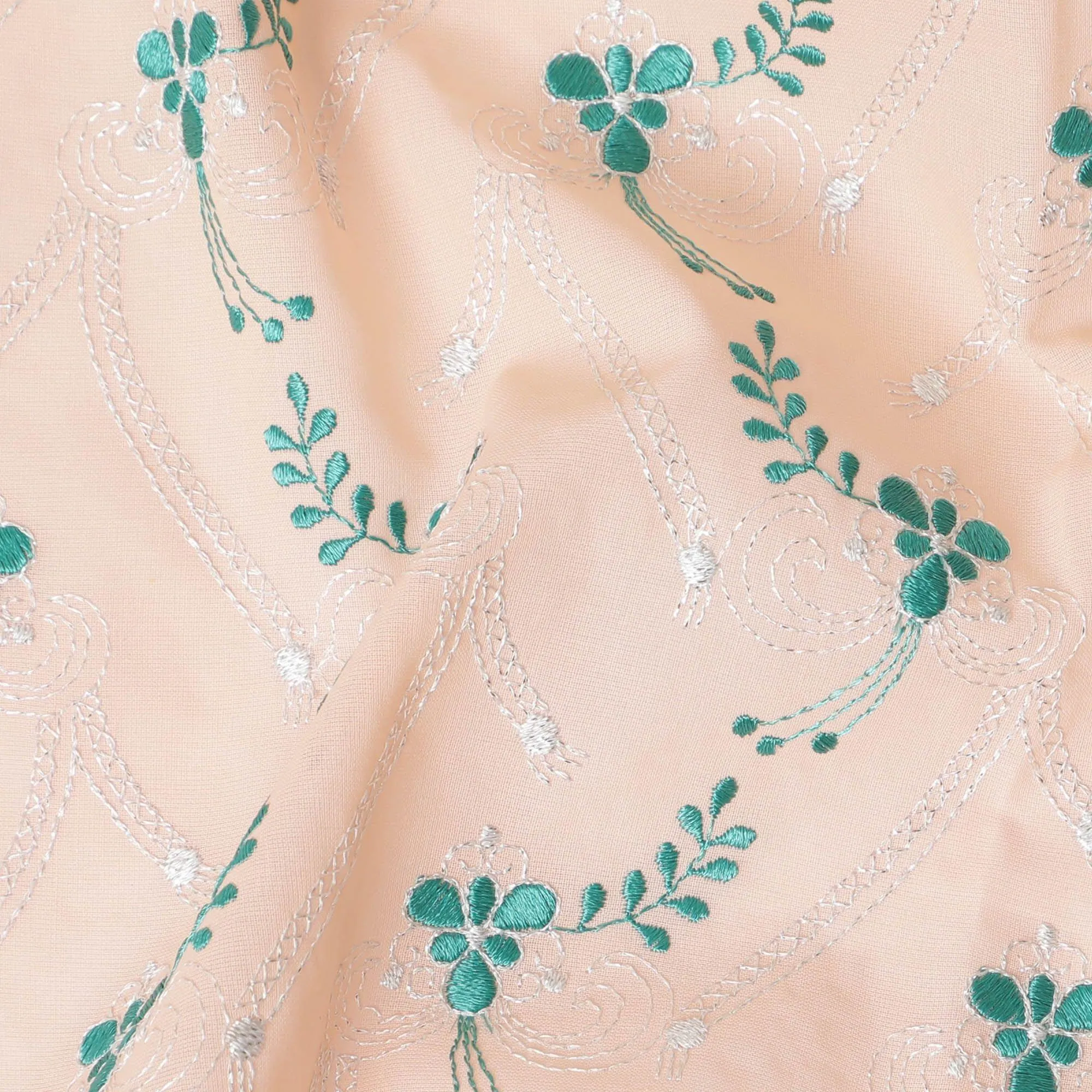 Light peach Premium 100% Swiss cotton voile (Sudanese Thobe) fabric with teal green and silver embrodiery in floral design-D13519