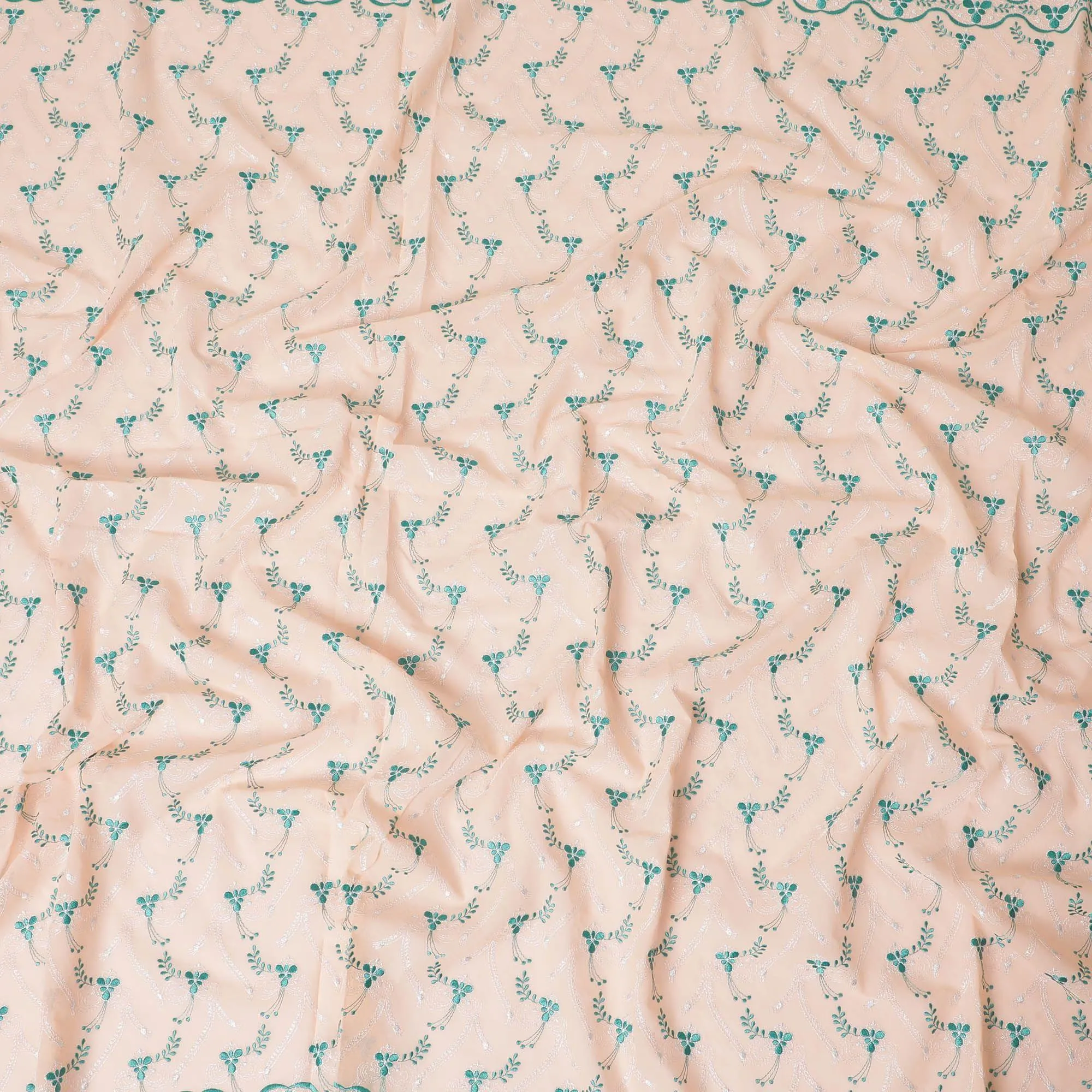 Light peach Premium 100% Swiss cotton voile (Sudanese Thobe) fabric with teal green and silver embrodiery in floral design-D13519