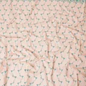 Light peach Premium 100% Swiss cotton voile (Sudanese Thobe) fabric with teal green and silver embrodiery in floral design-D13519