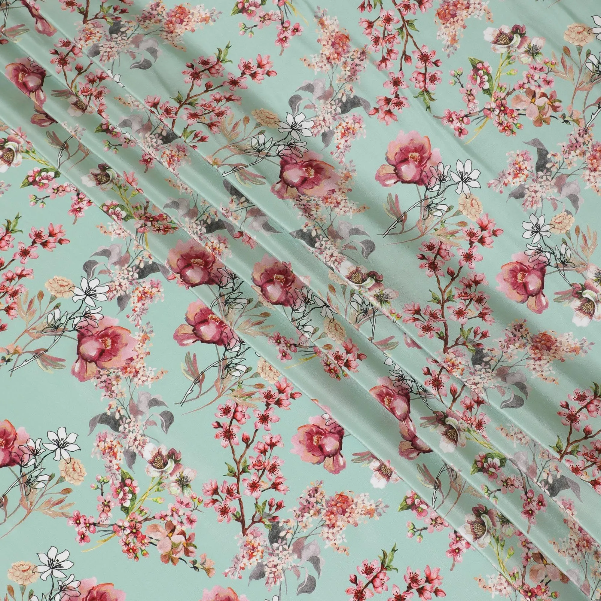 Light turquoise green viscose fabric with multicolor print in floral design-D12265