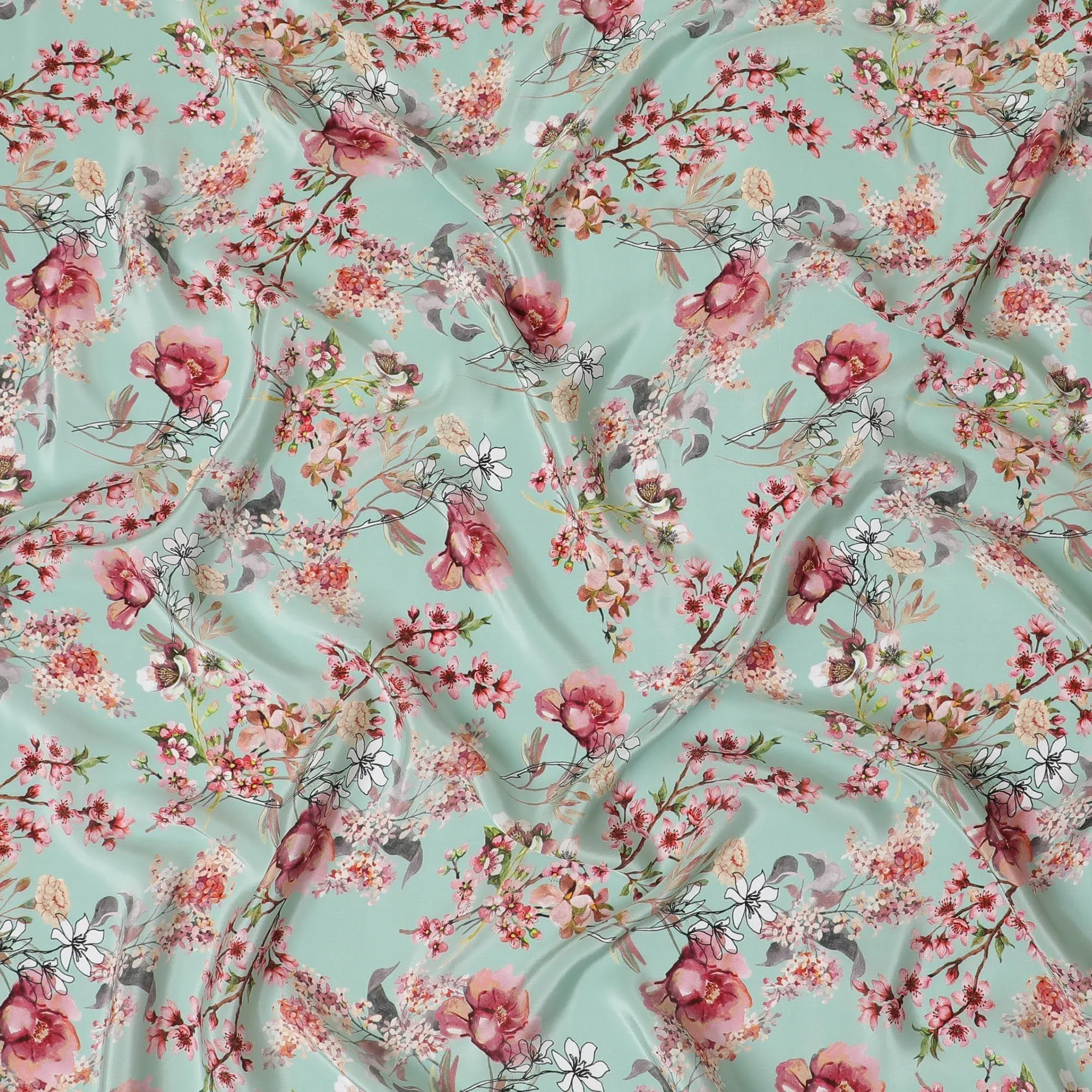 Light turquoise green viscose fabric with multicolor print in floral design-D12265