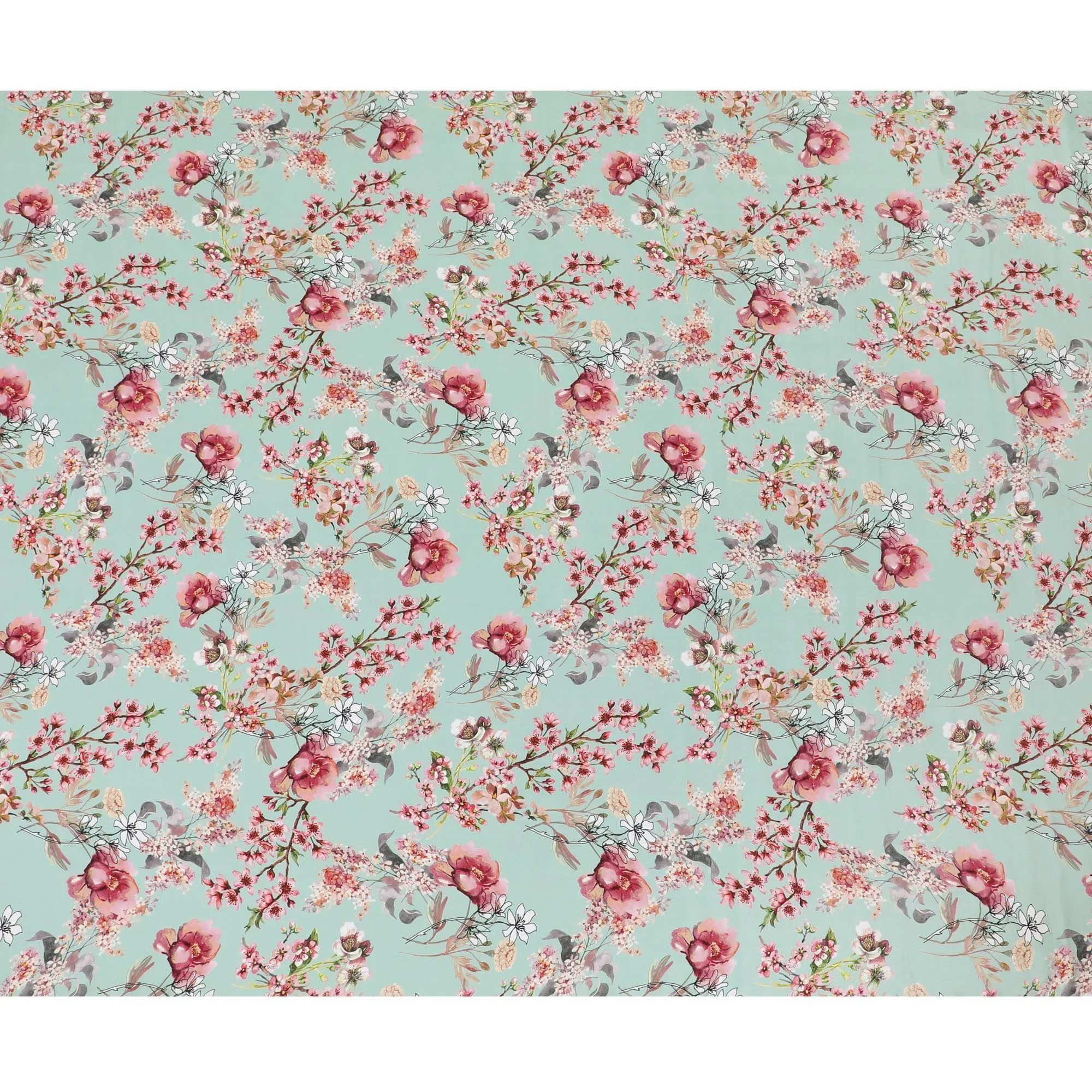 Light turquoise green viscose fabric with multicolor print in floral design-D12265