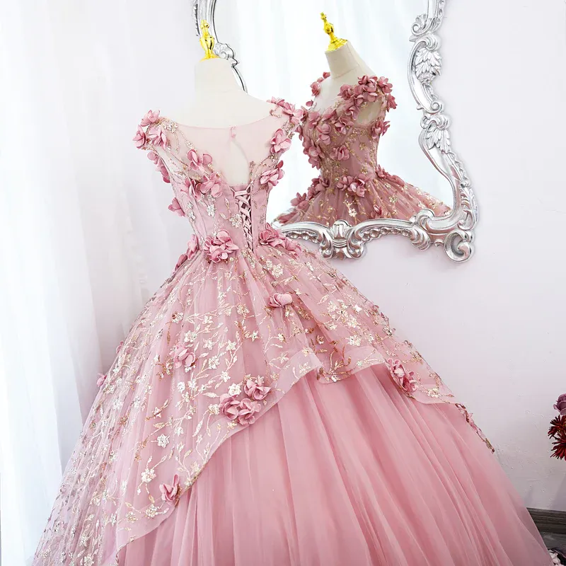 Lovely Pink Tulle Long Party Dress With Flowers, Pink Tulle Sweet 16 Gown    fg3286