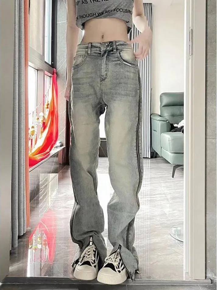 Low Rise Washed Straight-Fit Slit Wide-Leg Jeans