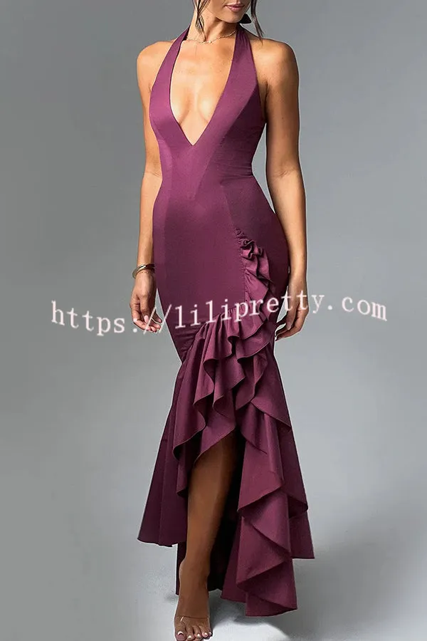 Maci Solid Color Sexy Halterneck Irregular Ruffles Hem Slit Maxi Dress