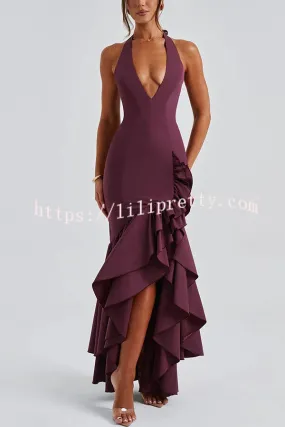 Maci Solid Color Sexy Halterneck Irregular Ruffles Hem Slit Maxi Dress