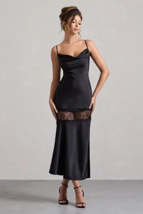 Matera | Black Satin Cowl-Neck Lace Trim Maxi Dress