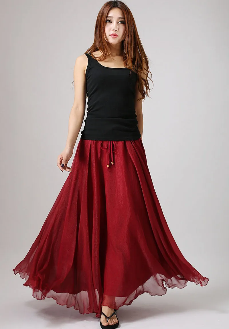 Maxi skirt Chiffon skirt elastic waist long skirt woman Red skirt with ruffle waist detail (862)