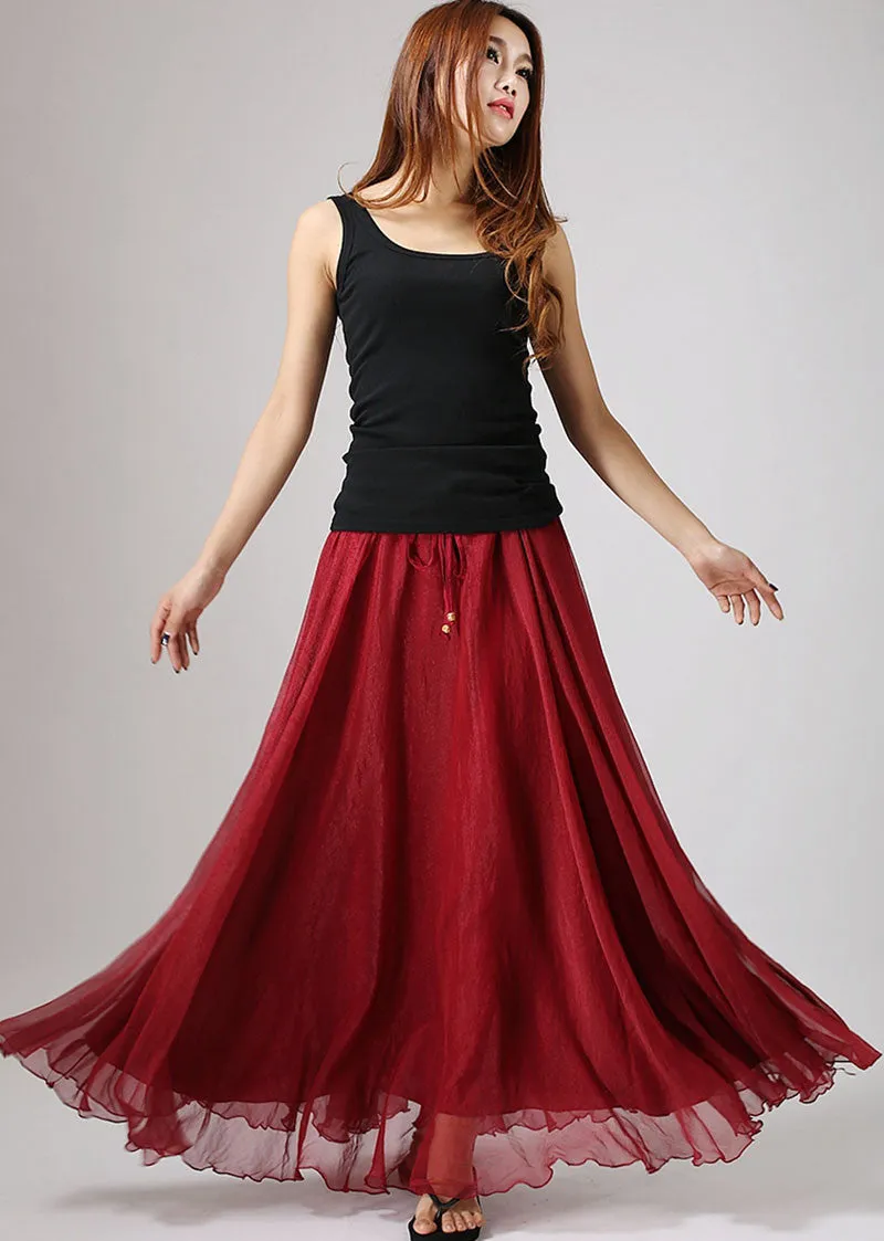 Maxi skirt Chiffon skirt elastic waist long skirt woman Red skirt with ruffle waist detail (862)