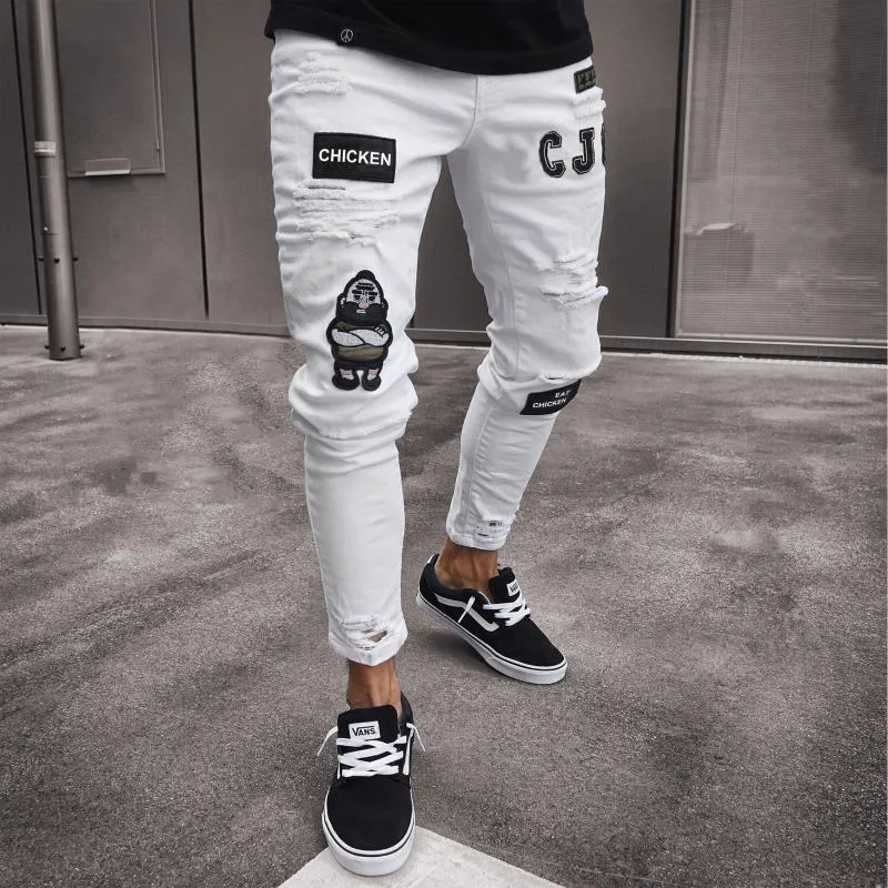 Men Stretchy Ripped Skinny Embroidery Jeans