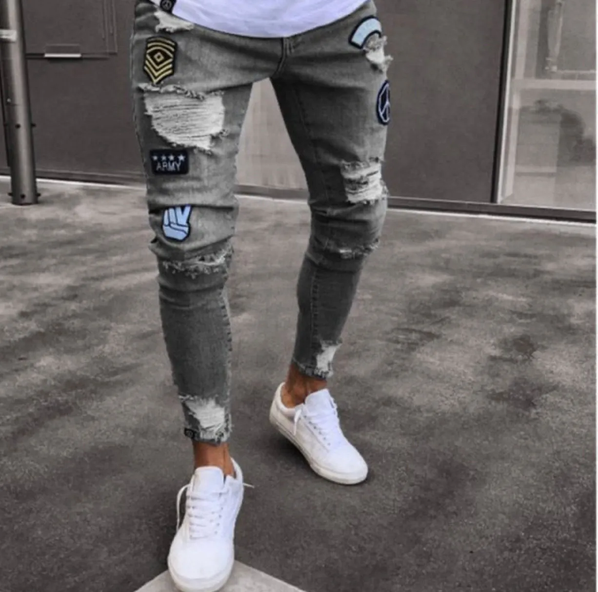 Men Stretchy Ripped Skinny Embroidery Jeans