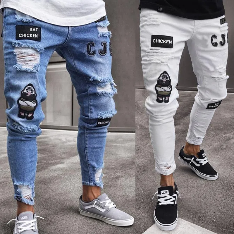 Men Stretchy Ripped Skinny Embroidery Jeans