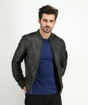 Men's Kadon Rub Off Black Leather Bomber Jacket