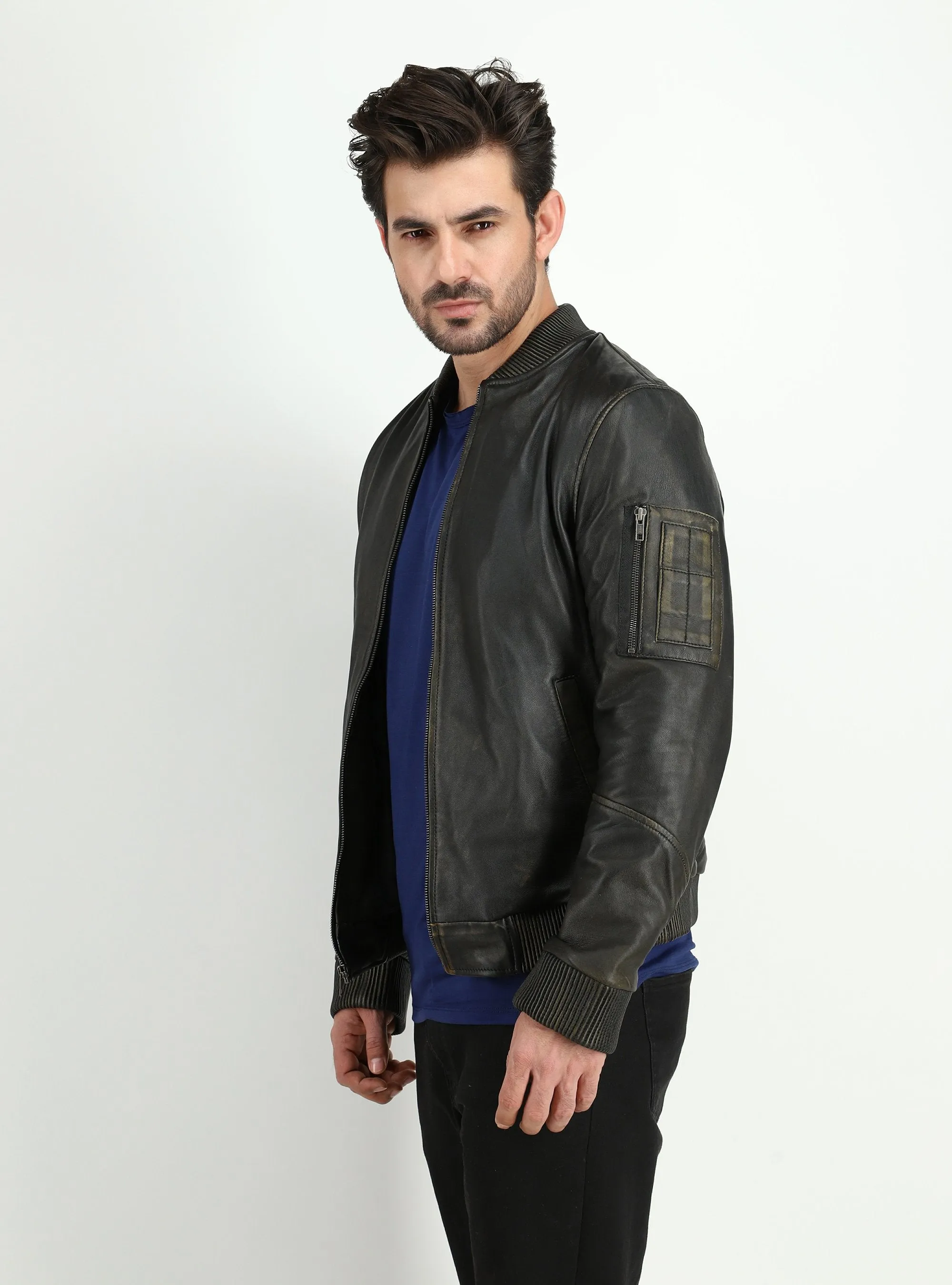 Men's Kadon Rub Off Black Leather Bomber Jacket