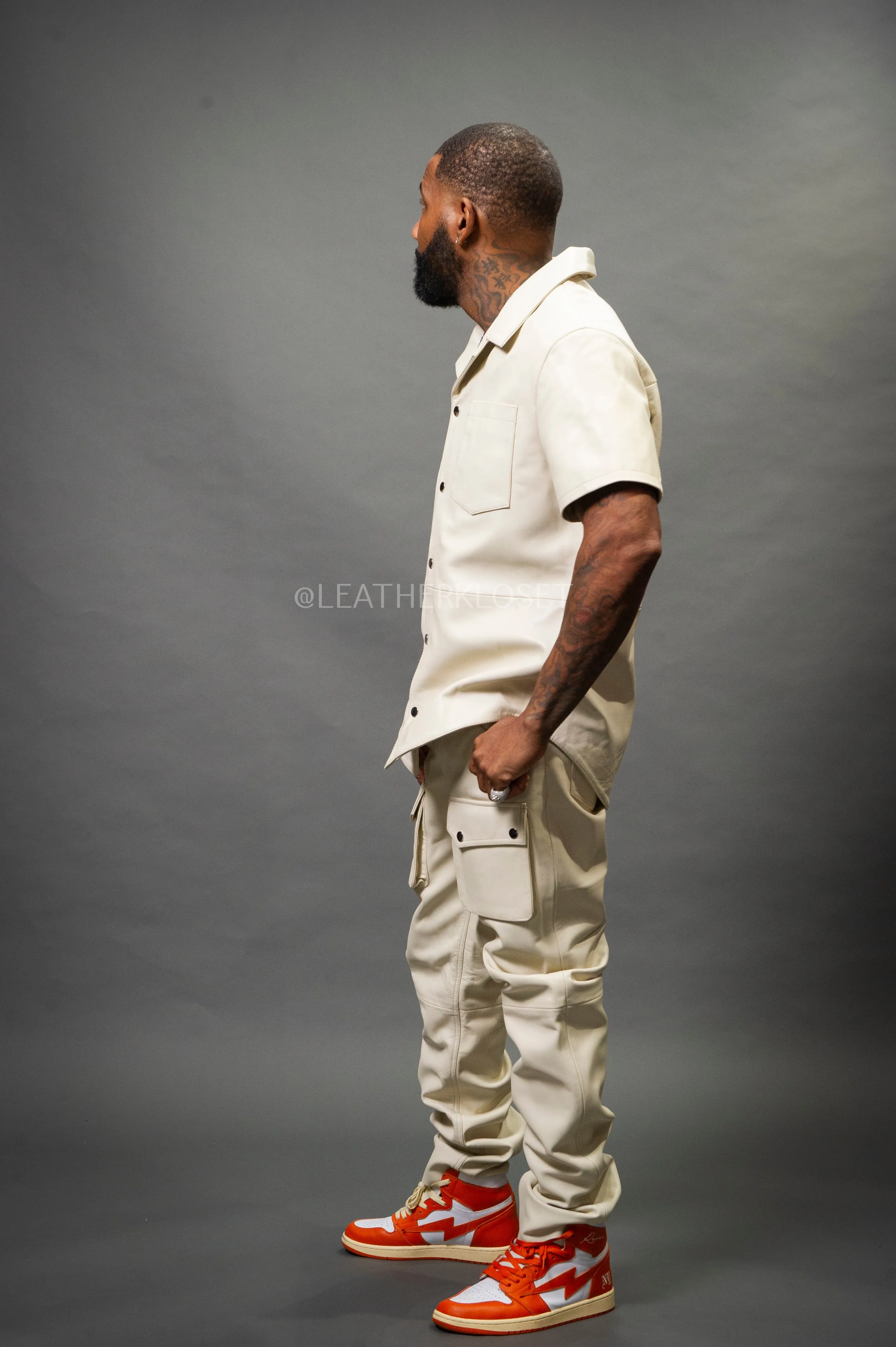 Men's Luka Leather Short Sleeve Shirt And Cargo Pants Set [Beige]