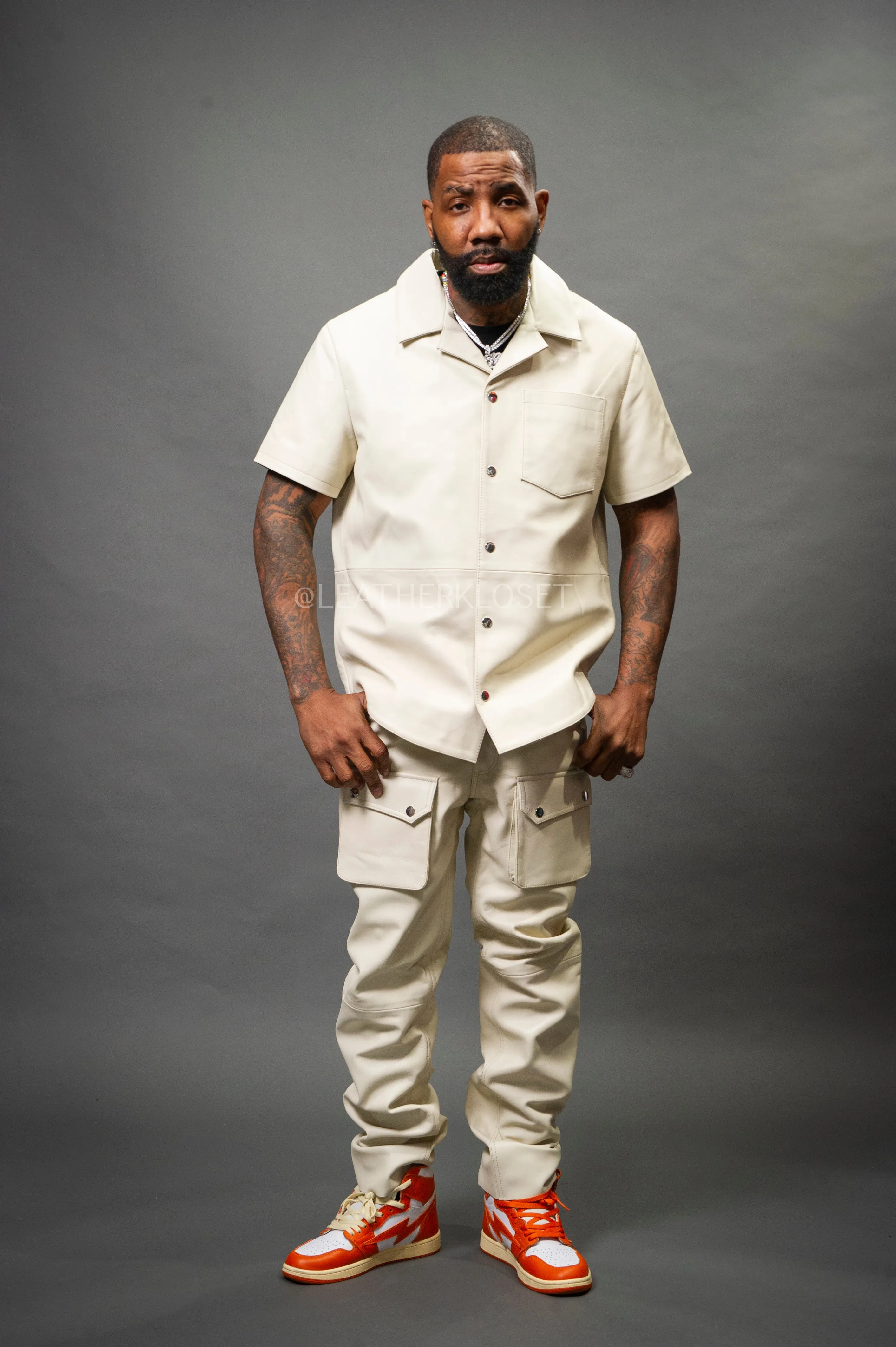 Men's Luka Leather Short Sleeve Shirt And Cargo Pants Set [Beige]