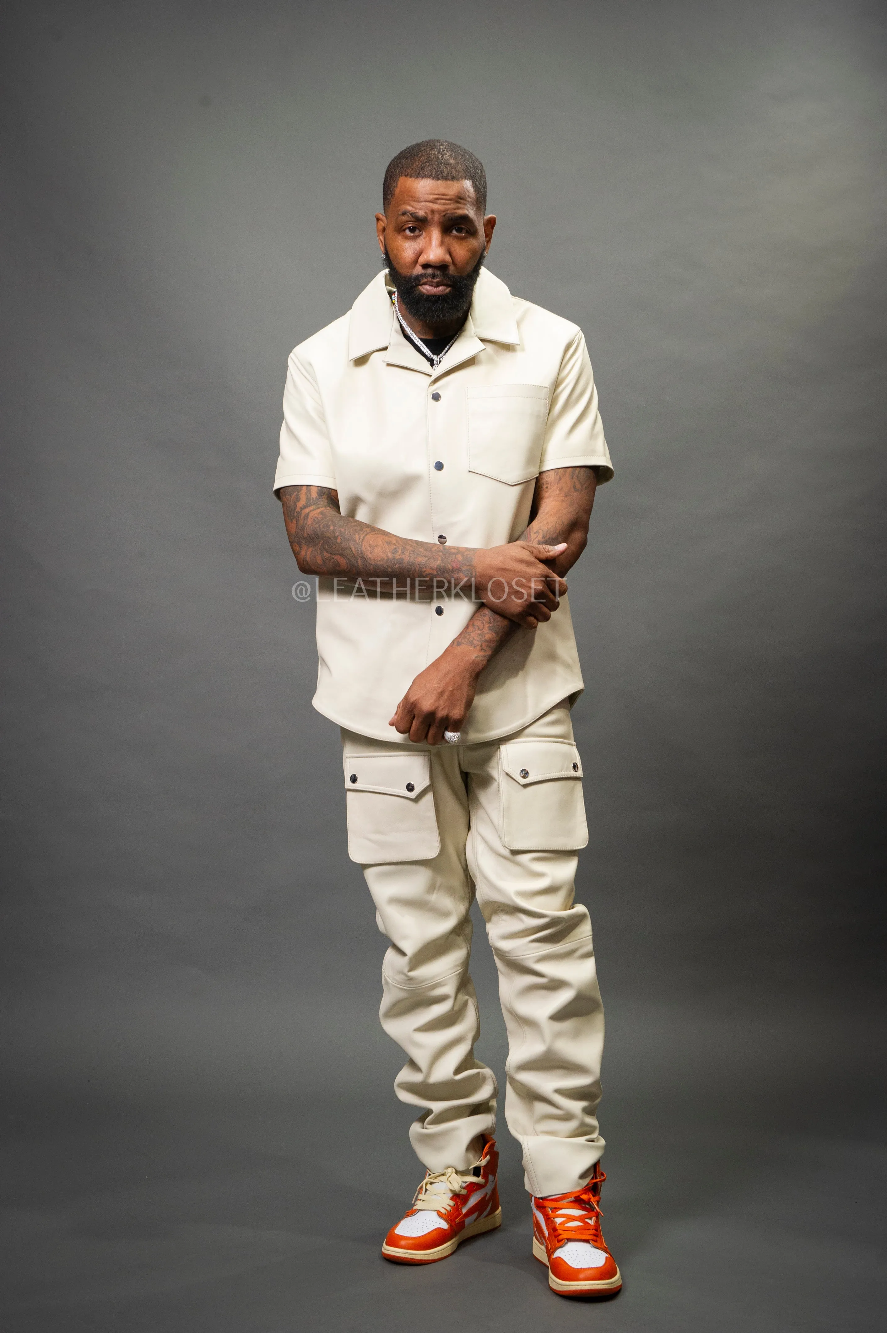 Men's Luka Leather Short Sleeve Shirt And Cargo Pants Set [Beige]