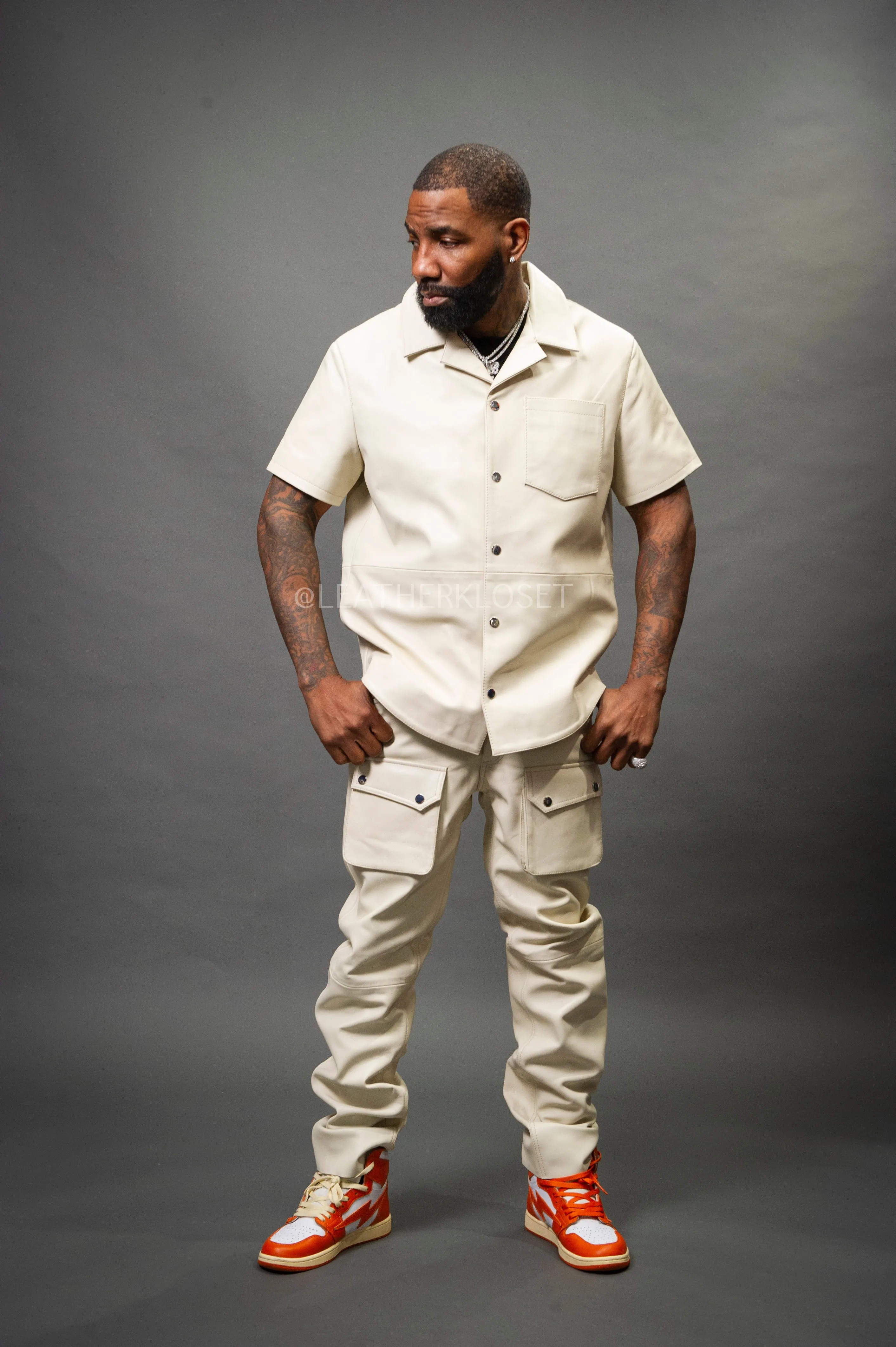 Men's Luka Leather Short Sleeve Shirt And Cargo Pants Set [Beige]